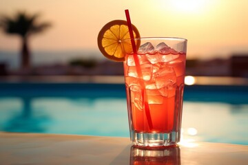 Luxury resort poolside. summer vibe with exquisite cocktail and stylish accessories