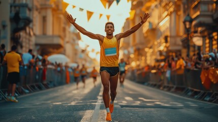 Triumphant male athlete celebrating victory on a city street, Concept of achievement, competition,...