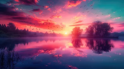 Foto auf Acrylglas Reflection Vibrant sunrise with dramatic sky reflecting on tranquil lake, flock of birds flying, Concept of nature's majesty, peaceful mornings, and picturesque landscapes