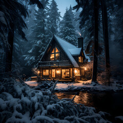 A cozy cabin in a snowy forest