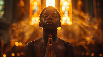 Hip Hop Style Boy Praying in Church - obrazy, fototapety, plakaty