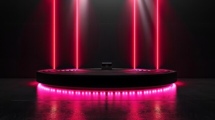 Shiny Modern Stage Background with Black Platform, Red Lights, and Red Stripes
