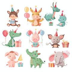 Obraz na płótnie Canvas Set of cute adorable animals celebrating birthday set
