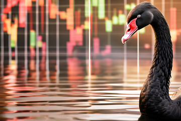 Schwarzer Schwan im Wasser mit Chart als Hintergrund Börsencrash