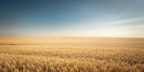 Golden wheat field at sunset under a blue sky, portraying the beauty of rural agriculture amidst a serene summer landscape - obrazy, fototapety, plakaty