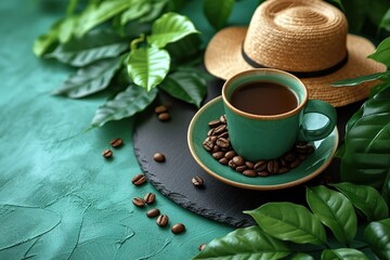 Coffee in green mug on black background with green background and mockup of green coffee packaging next to it
