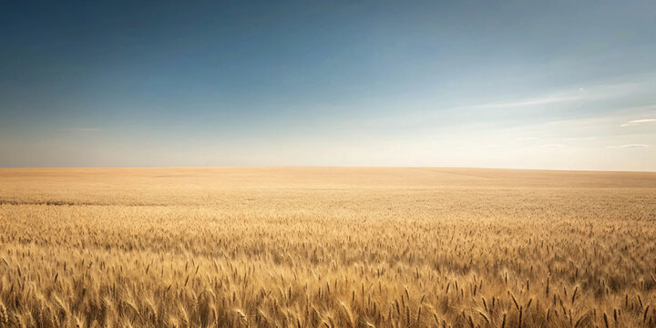 Golden wheat field at sunset under a blue sky, portraying the beauty of rural agriculture amidst a serene summer landscape