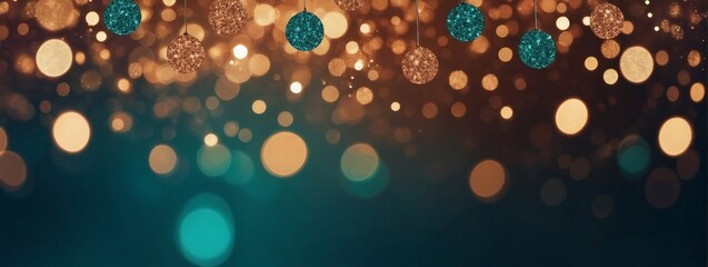 a background of abstract glitter lights in copper and teal. Keep the de-focused effect and present it as a banner.
