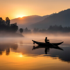 A fisherman on a peaceful lake at dawn.