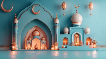 Modern 3D greeting card Islamic holiday banner suitable for Ramadan, Raya Hari, Eid al-Adha and Mawlid. Attributes of a mosque, a crescent and a lit lantern on a blue background with empty space