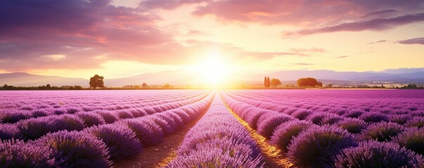 Panoramic landscape lavender field at sunrise or sunset - obrazy, fototapety, plakaty