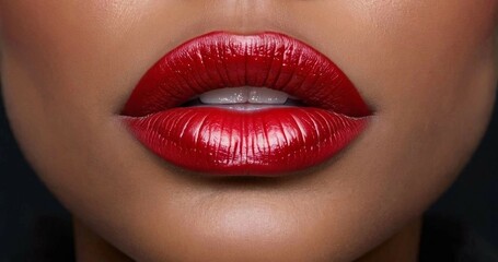 stylish permanent makeup on the lips. red lipstick on the lips of an African American woman - obrazy, fototapety, plakaty