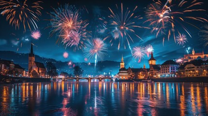Fireworks Display over River in Historic City Celebrating New Year, Concept of Festivity, Community, and Urban Nightlife - obrazy, fototapety, plakaty
