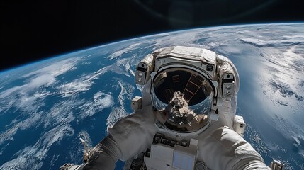 Astronaut Selfie in Space with Earth in Background, Concept of Human Achievement, Space Travel, and Exploration