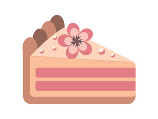 Sweet cake piece with blossom sakura flower isolated on white background