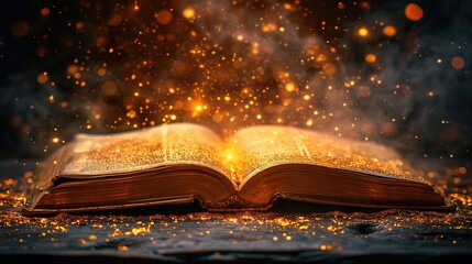 Magical story opened book with golden shiny glittering coming out