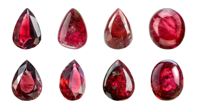 Collection of red gem stones isolated on a transparent background, PNG