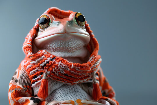 Anthropomorphic Frog Cozied Up in Knitted Orange Scarf