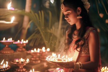 Group of Hindu Indian women lightening deepa at temple, AI Generative