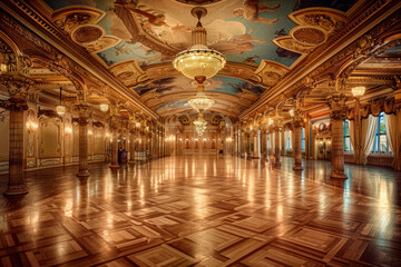 Obraz premium Elegant Renaissance ballroom with intricately painted ceilings, gilded columns.