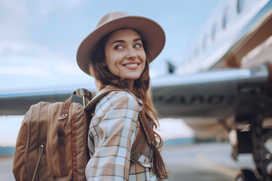 Happy young woman wearing hat with travel bag pack standing by the airplane and ready to departure. AI Generative