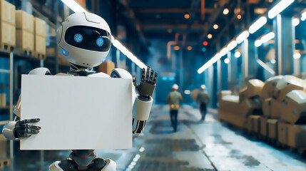 un robot avec une pancarte blanche vierge fait un signe d'au revoir avec sa main à des employés humains qui partent