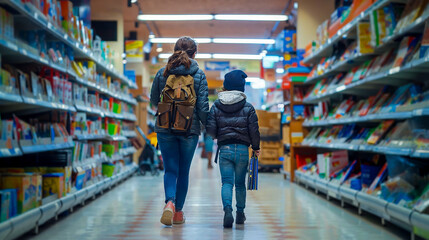 une mère et son enfant dans une allée de supermarché pour acheter des fournitures scolaires - obrazy, fototapety, plakaty