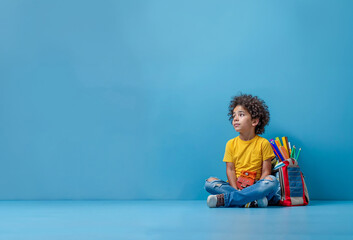 petit garçon assis par terre sur un fond bleu avec un cartable et des fournitures scolaires à côté de lui pour la rentrée des classes - obrazy, fototapety, plakaty