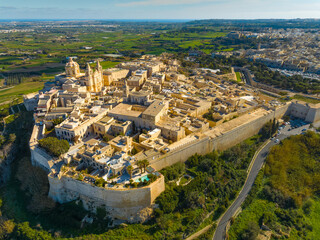 Drone aerial view of Mdina city - old capital of Malta island
