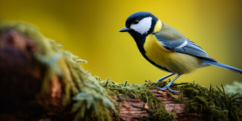 Blue tit search feed on the forest floor,Great Tit on a branch, A great tit bird perched on a tree, beakbill, Generative AI - obrazy, fototapety, plakaty