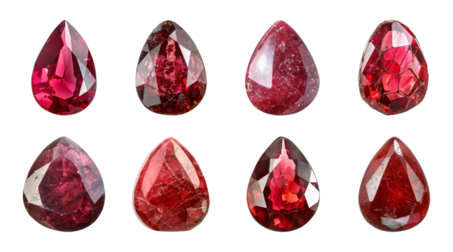 Collection of red gem stones isolated on a transparent background, PNG