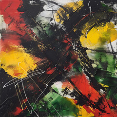 Abstract art canvas showcasing dynamic strokes in black, red, yellow, and green, creating a visually striking composition