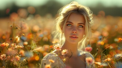 Blonde Woman Amidst a Field of Sunset Wildflowers
