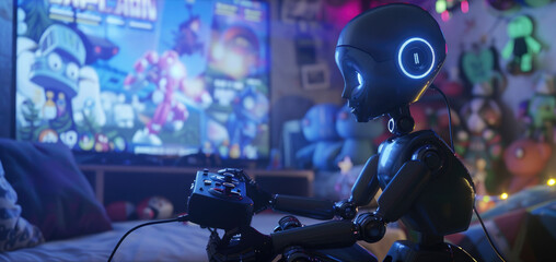 Fototapeta premium Futuristic Robot Child Engaged in Video Gaming in a Colorfully Decorated Room with Various Game Paraphernalia