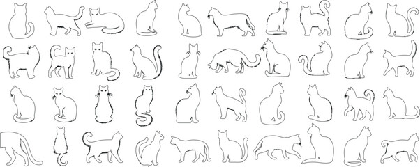 Minimalist cat outlines, various poses, modern style. Perfect for art, web design, decor. Elegant simplicity. Feline shapes in motion. Ideal for pet related projects.