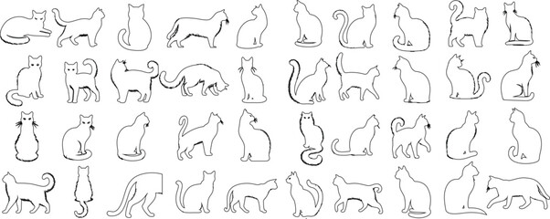 Vector illustrations of elegant cat outline in diverse poses, perfect for pet themed designs, capturing the grace and movement of felines