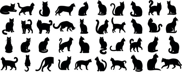Black cat silhouettes in various poses, isolated on white background. Perfect for logos, decals, apparel design. Elegant, sleek feline figures showcasing minimalist modern art