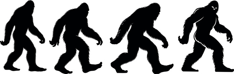 Bigfoot silhouette, mythical creature silhouette sequence. Ideal bigfoot for cryptozoology, folklore enthusiasts. Mysterious walking beast, legend, Sasquatch, Yeti, enigma, shadowy figure - obrazy, fototapety, plakaty