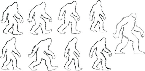 Bigfoot line art, mythical creature illustration, perfect for cryptology, mystery themes, and wilderness exploration. Captures the enigmatic Bigfoot in motion, ideal for engaging content