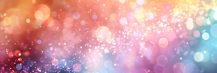 Abstract banner background with rainbow-colored bokeh lights in pastel hues, creating a dreamy and enchanting atmosphere. 