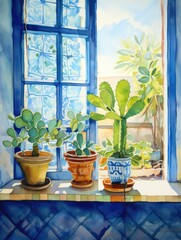 Three Potted Plants on Window Sill. Printable Wall Art.