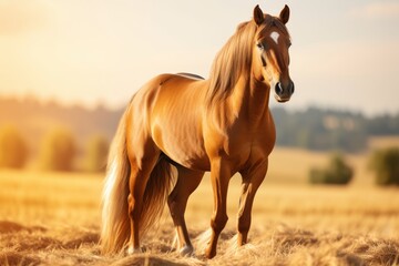 Obraz premium Majestic horse in golden wheat field at sunset, perfect for commercial photography