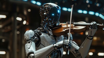 Futuristic Robotic Entity Mastering the Art of Violin Playing in a Modern Concert Setting