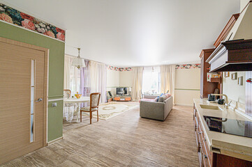 interior kitchen and dining room, refectory area, cooking equipment, table furniture, stove