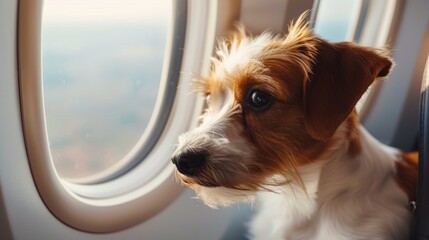 Adventurous Dog Gazing Out of an Airplane Window, Reflecting on the Journey Above the Clouds