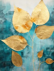 Gold Leaves on Blue Background Painting. Printable Wall Art.