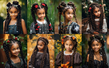 cute African American girl portrait wearing long hair braid, happy and optimistic atmosphere, Generative Ai
