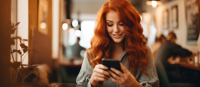 Gorgeous redhead influencer blogger chatting with her followers on social media at a cafe using her smartphone.