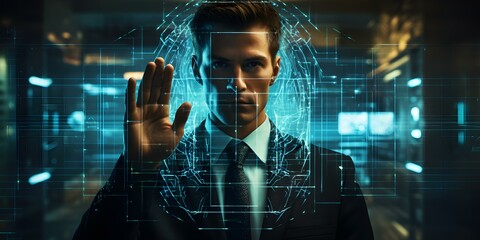 Biometric authentication enhances security for futuristic digital applications in this surveillance concept. Concept Biometric Authentication, Security Enhancement, Futuristic Digital Applications