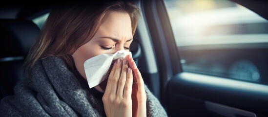 Woman protecting her nose in car due to foul odor - obrazy, fototapety, plakaty